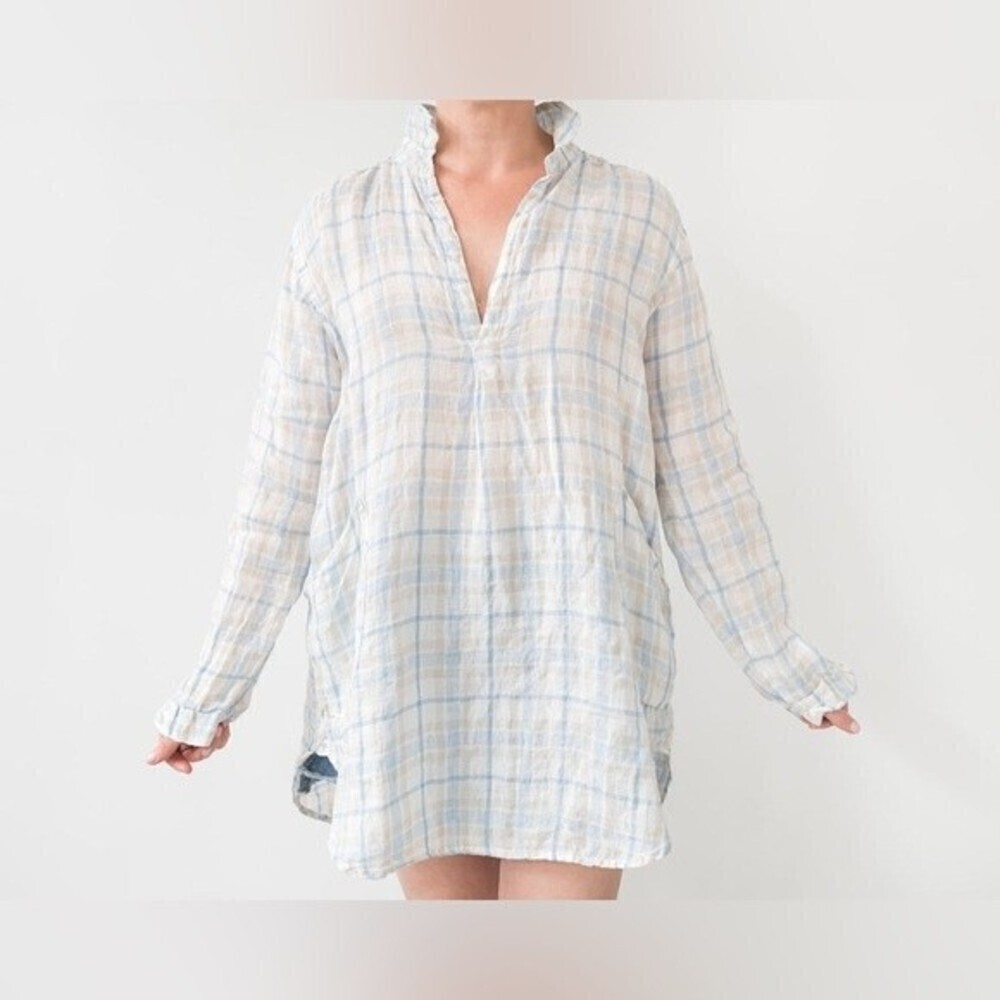 CP shades teton neutral plaid linen tunic blouse